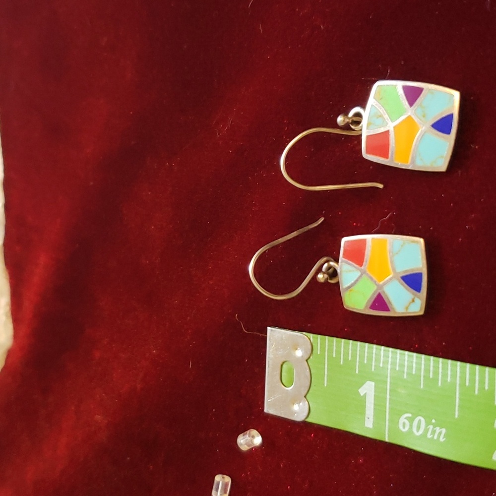 Vintage Inlaid Sterling Multi Stone Southwestern Handcrafted Artisan Earrings - Picture 11 of 11